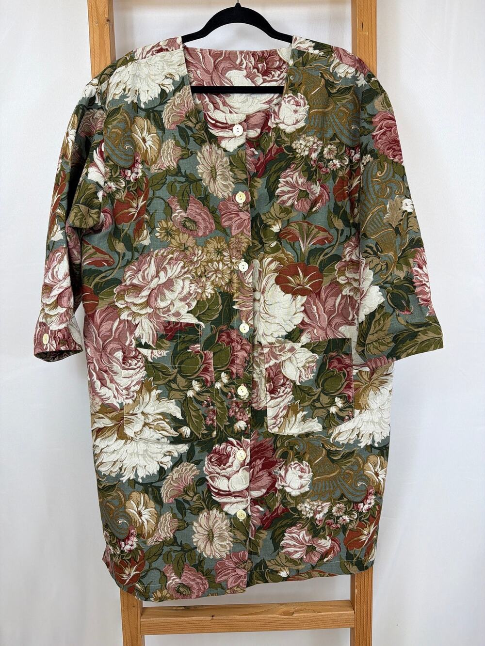 Vintage Ginna Rose Floral Collarless ButtonDown Tunic Jacket Linen Cotton USA OS